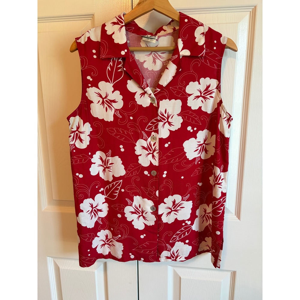 Vintage Red Hibiscus Floral 2 Piece Set Rayon Blouse and Skirt Made in USA Med